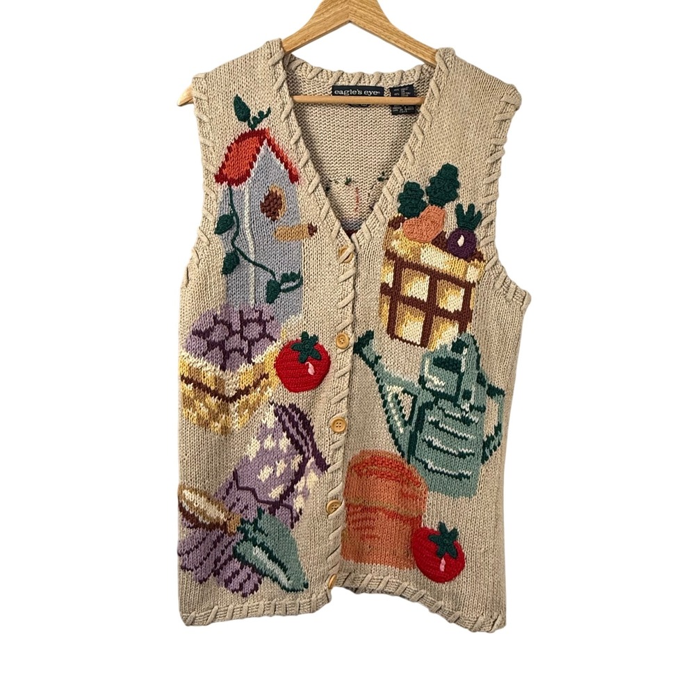 Vintage‎ Eagles Eye Hand Knit Garden Sweater Vest Women M Cottagecore Grannycore